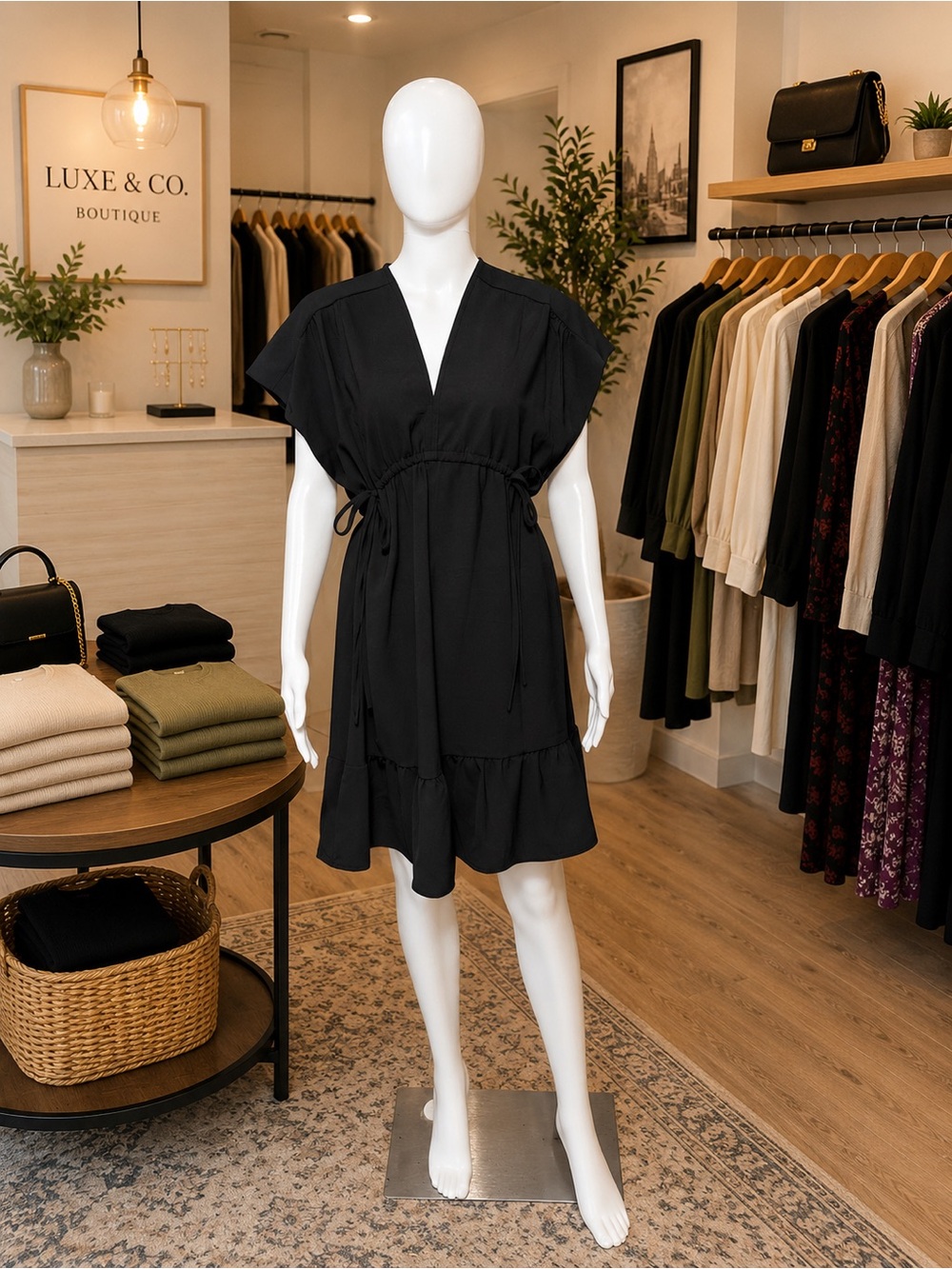 Black V-Neck Tie-Waist Midi Dress with Flutter Sleeves